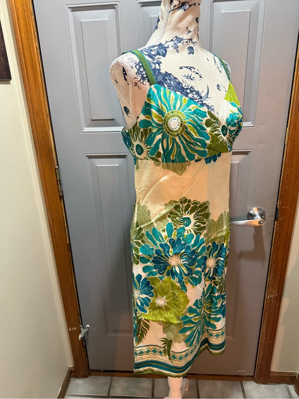Ann Taylor Cream Midi Dress with Teal and Lime boho Floral Print (8)